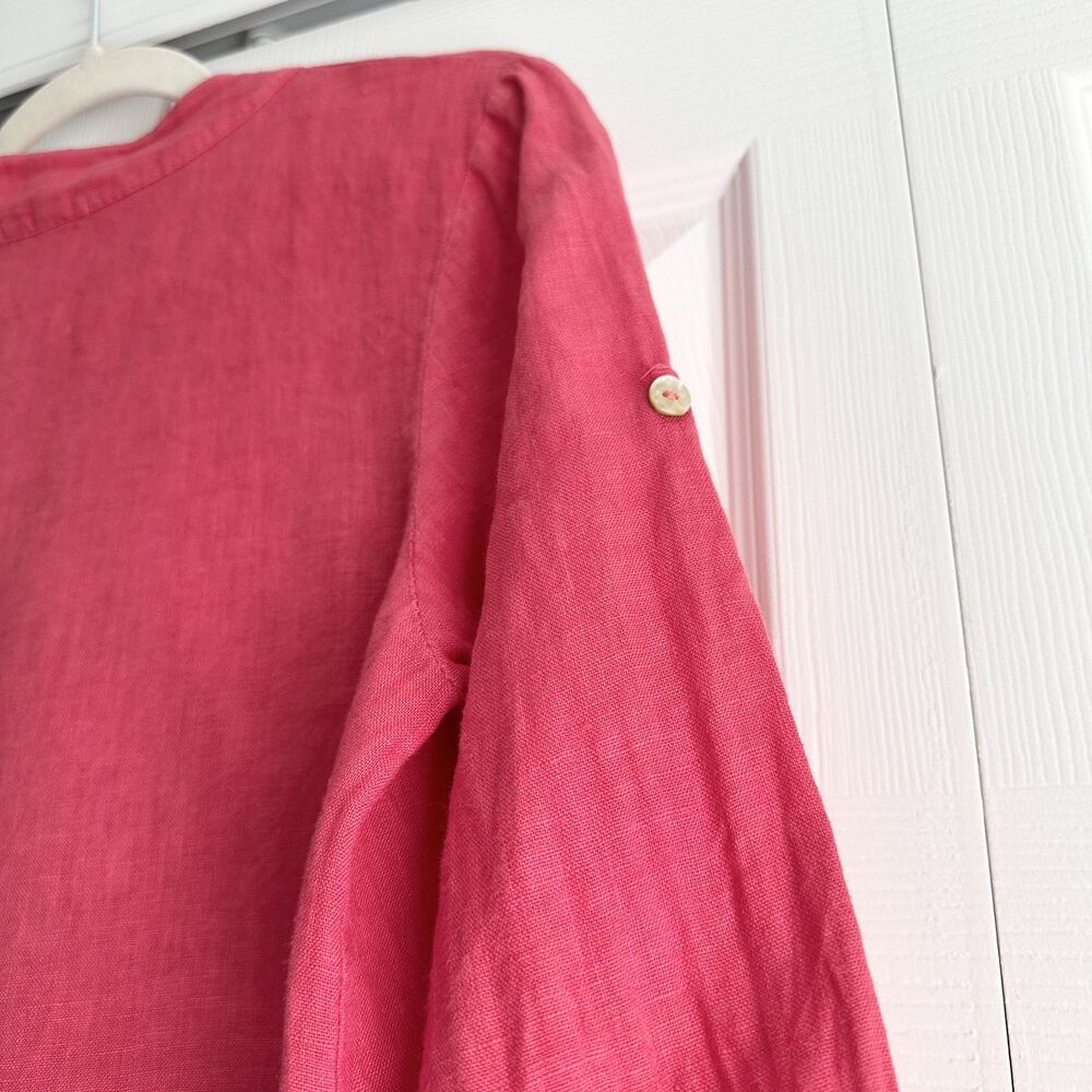 Angela Mara Italy Pink Linen Look Tunic Top Button Front High Low Lightweight - Picture 5 of 9